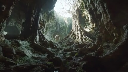 Enchanting Cave Interior with Mossy Rocks and Dripping Stalactites Mysterious Underground Land