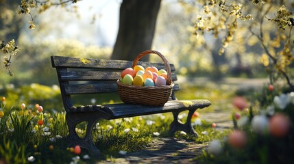 Easter Eggs in Basket on Bench with Spring Blooming Background