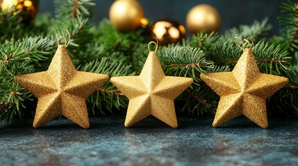 Three golden star ornaments are placed on Christmas tree branches