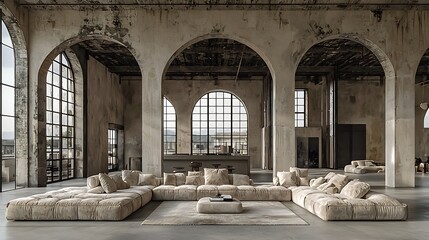 Fototapeta premium Spacious Industrial Interior with Modular Sofa