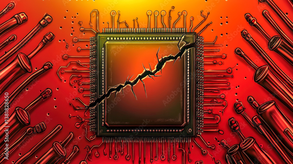Poster damaged microchip with visible cracks and circuits against a vibrant red background
