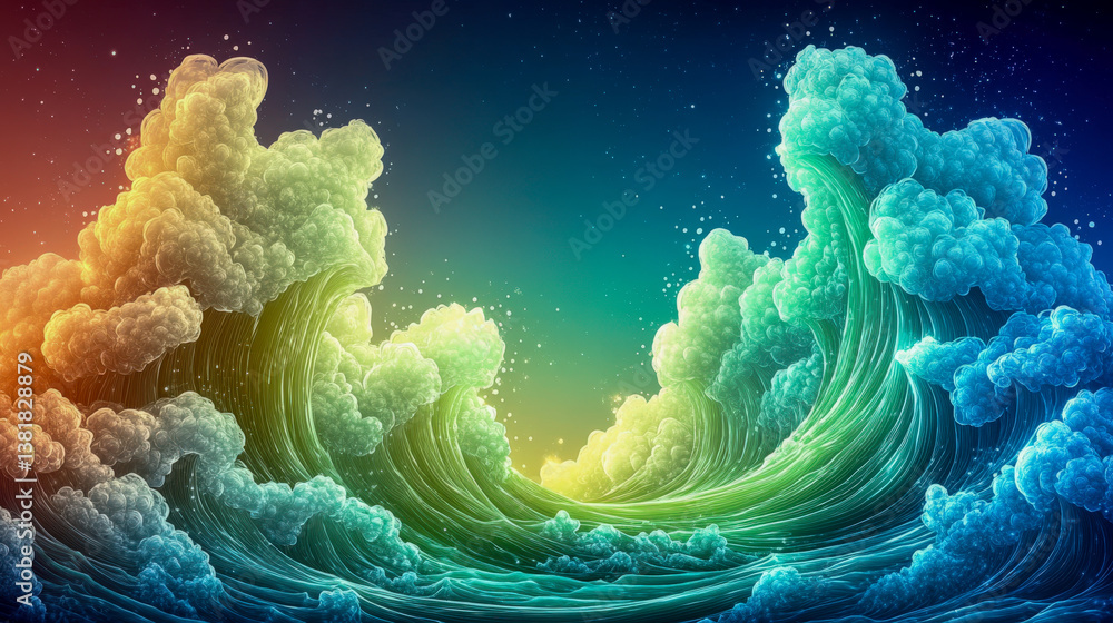 Poster dynamic data cloud abstract design showcasing vibrant waves in soothing colors and an ethereal atmos