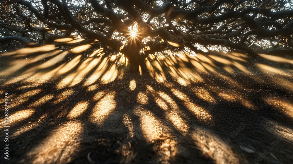 Poster sunburst through angled tree branches casting shadows on ground view