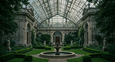 Luxurious estate with striking visual detail and enchanting indoor garden featuring a central fountain
