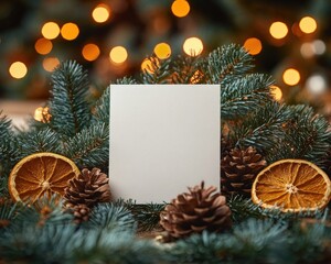 Cozy Christmas Still Life with Blank Card Pine Branches Dried Orange Slices and Pinecones