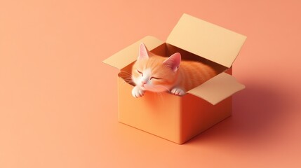 Adorable Kitten Sleeping in a Cardboard Box Cute Animal Photography Cozy Pet Scene Soft Oran