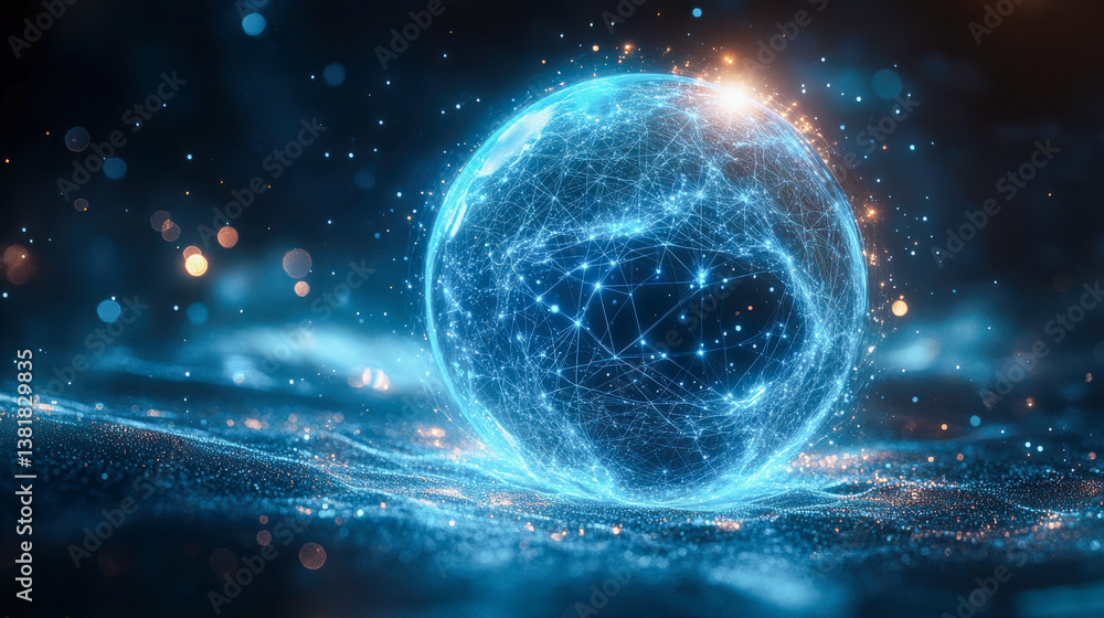 Poster Glowing network orb creating a mesmerizing abstract display in a digital landscape at dusk
