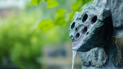 Water flowing from a stone fountain surrounded by lush greenery in a serene garden setting