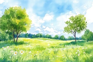Fototapeta premium Watercolor summer landscape featuring a green meadow, trees, and blue sky. Hand-drawn countryside scenery, ideal for postcards, banners, or designs. Vibrant and serene nature illustration.