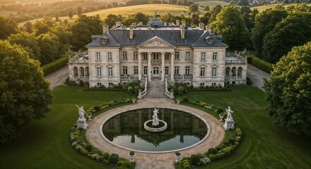 Naklejka premium Luxurious estate with striking visual detail and stunning reflecting pool in a picturesque landscape