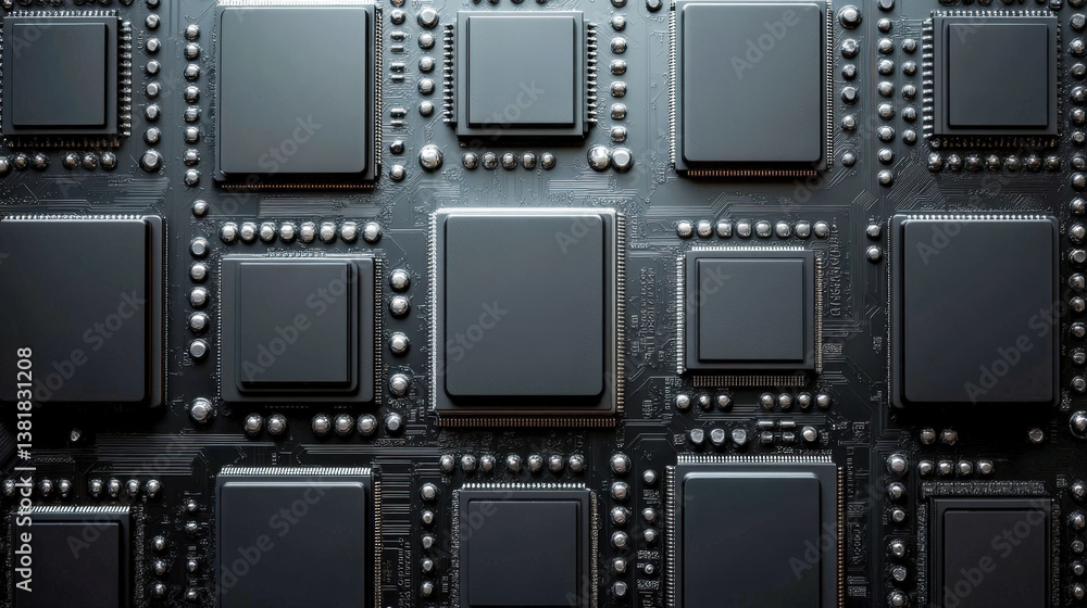 Fototapete microchip array showcasing intricate engineering and high-tech circuitry in a top-down view