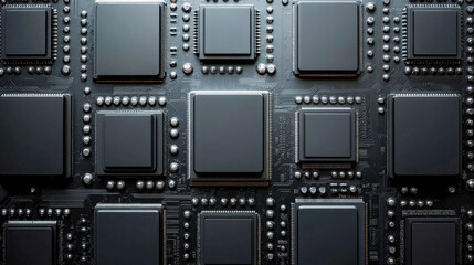 Obraz premium Microchip array showcasing intricate engineering and high-tech circuitry in a top-down view