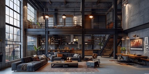 Urban loft vintage industrial aesthetic raw concrete wall dark steel window frame reclaimed wood furniture lofted mezzanine area large pendant lighting illuminating space ultra crisp professional