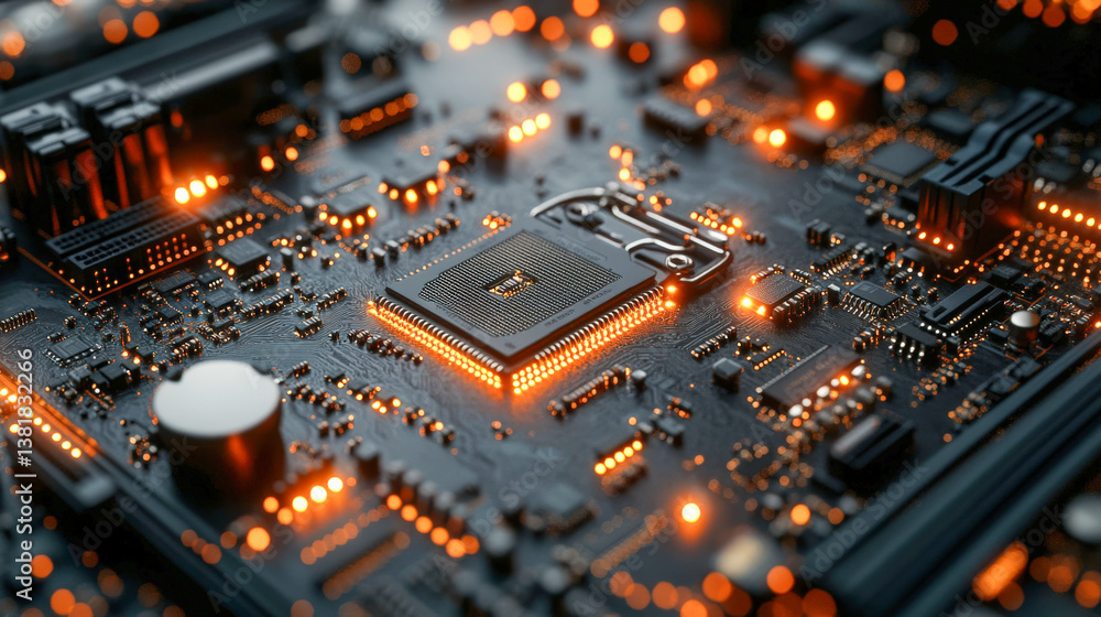 Poster detailed photorealistic depiction of a motherboard texture showcasing intricate circuitry and glowin