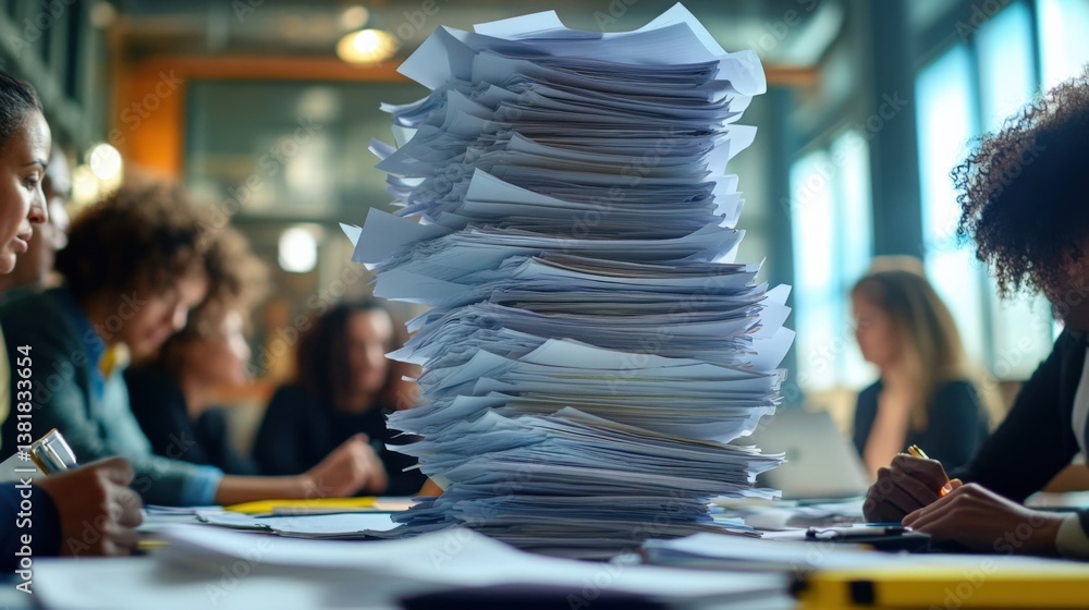 Poster bureaucrats and office workers immersed in analyzing a substantial stack of paperwork and documents 