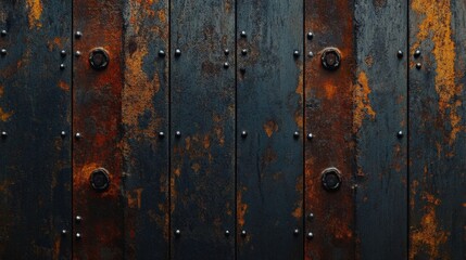 Fototapeta premium Close-up of a weathered wooden door with rusty nails and metal accents, featuring rustic textures in dark blue, brown, orange, and yellow tones.