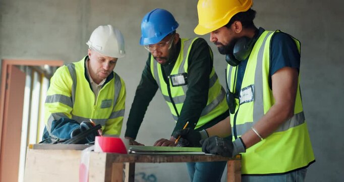 Architecture, teamwork and planning with people on construction site for building, engineering industry and blueprints. Infrastructure, maintenance and estate with contractor for property development