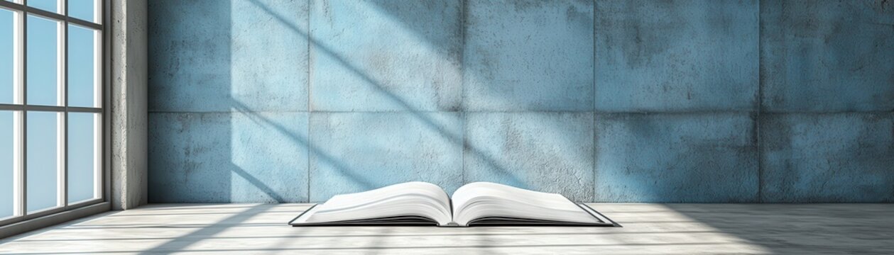 Open book on wooden table sunlit room hyper realistic photo serene atmosphere creative space copy space
