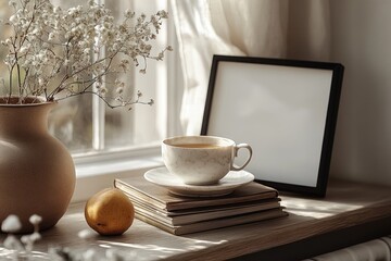 Cup of tea on vintage books with modern marble lamp against white wall in Scandinavian bedroom interior