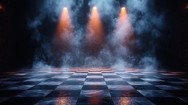 Race Track Finish Line with Dramatic Blue Spotlights and Mist on Asphalt Ground