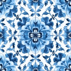 Obraz premium Seamless Blue and White Ornamental Pattern Inspired by Portuguese Azulejo Tiles Decorative Art
