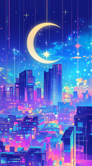 星空と月に包まれた幻想的な未来都市イラスト｜ネオンが彩る高層ビル群の美しいシルエットとブルートーンが印象的な背景素材｜サイバーパンク・都市夜景・未来。スマートフォン9:16のアスペクト比	