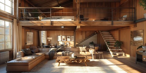 Warm contemporary loft wood paneled wall high vaulted ceiling spacious mezzanine featuring comfortable bed seating area open living room below plush sectional sofa handcrafted coffee table framed