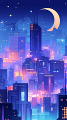 月の光に照らされたサイバーパンク風未来都市の夜景イラスト｜高層ビルとネオンが織りなす近未来の美しい都市背景素材｜SF・テクノロジー・静寂の風景。スマートフォン9:16のアスペクト比	