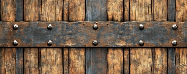 Realistic Wooden Barrel Texture Background with Weathered Metal Bands and Warm Lighting