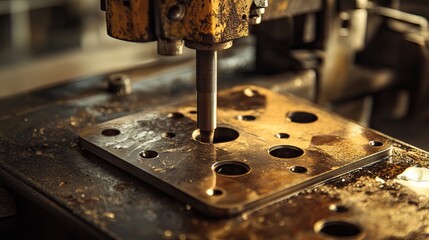 A close-up of a powerful steel bending press with mechanical details on a gold and black background