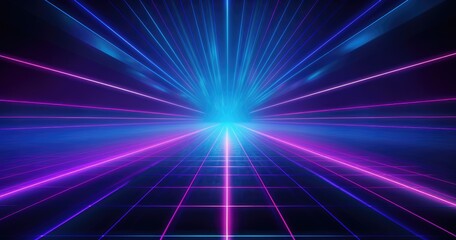 1980s background with neon grid lines on a dark purple and blue gradient background. Glowing line art in a flat design style with laser lights on the ground and light effects.