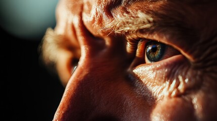 Naklejka premium Close up of an elderly man's eye, conveying strong emotion and possibly reflecting a firm political stance, with wrinkles and light playing on his face