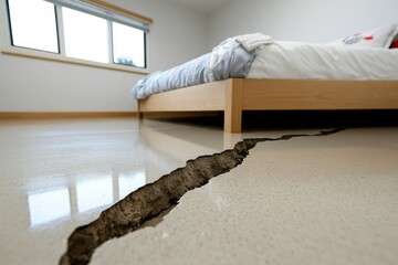 Large crack in bedroom floor, under bed, reflecting window light, suggesting structural damage.