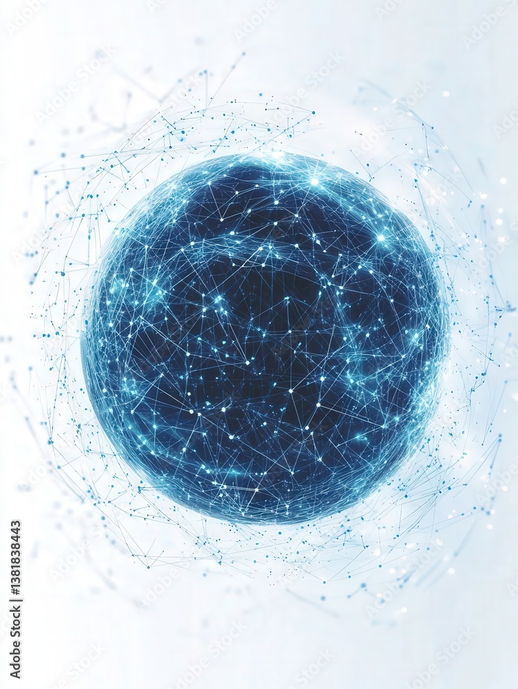 Poster abstract digital sphere with glowing connections and cosmic elements on a white background, represen