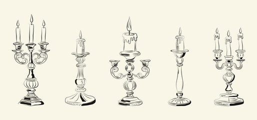 Set of elegant hand drawn vintage candlesticks with burning candles. Vector illustration