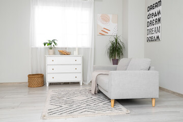 Interior of light living room with sofa, drawers and window
