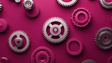 A detailed view of interconnected steel gears forming a mechanical system on a deep burgundy background