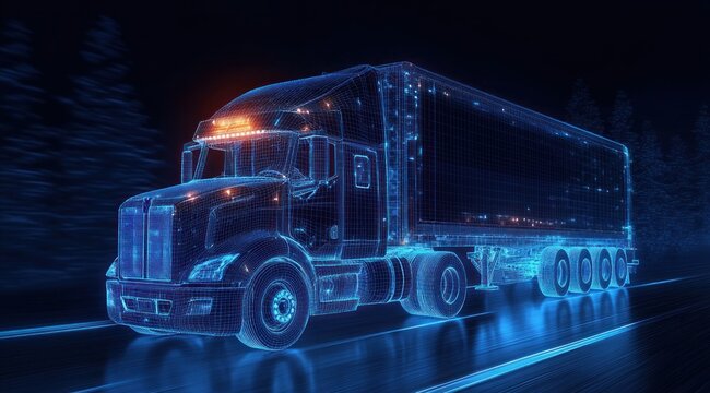 Futuristic Fast Transport Truck Wireframe with Neon Glow on Dark Blue Background