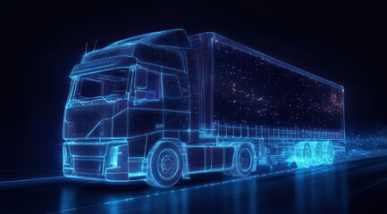 Fast Moving Wireframe Truck Transporter on Dark Blue Background