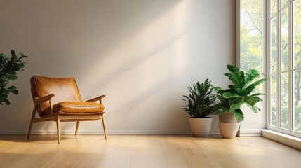 Fototapeta premium Scandinavian Minimalist Living Room with Leather Armchair and Natural Elements