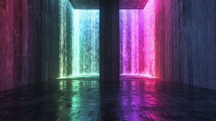 Neon waterfall room with rainbow lights and reflective floor