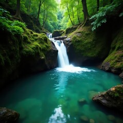 Fototapeta premium Crystal clear water cascades over mossy rocks in rainforest, scenic, exploration, outdoor