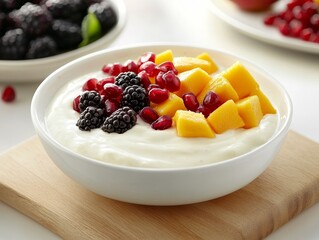 Delicious Greek yogurt topped with mango, berries, and pomegranate on a wooden board for an appealing presentation