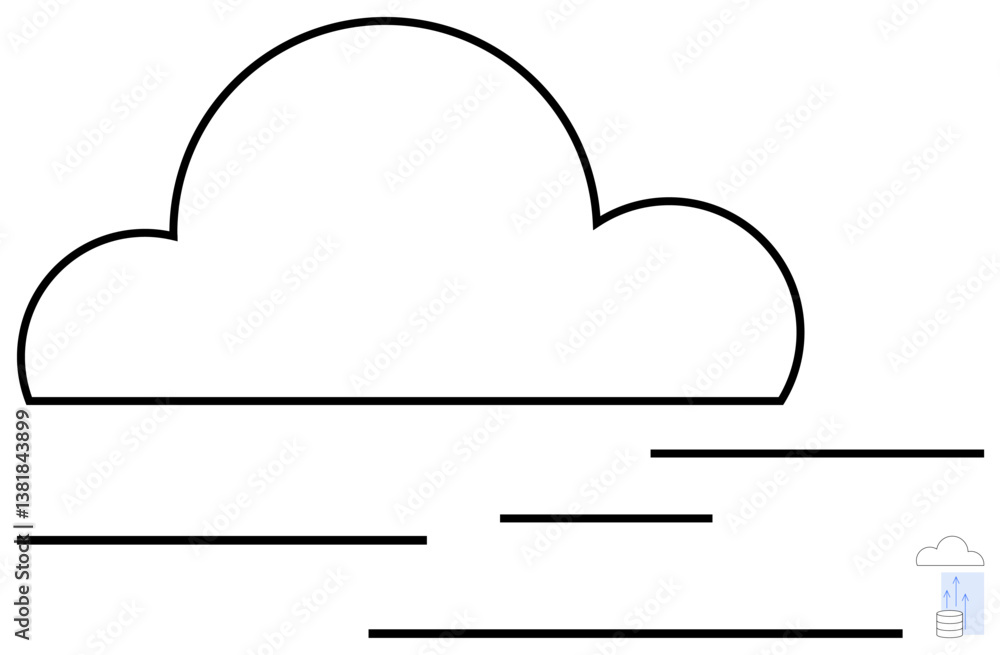 Poster simplistic cloud outline with horizontal lines symbolizing data streaming. tiny database stack sugge