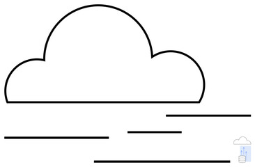 Simplistic cloud outline with horizontal lines symbolizing data streaming. Tiny database stack suggesting storage services below. Ideal for technology, cloud computing, data storage, networking