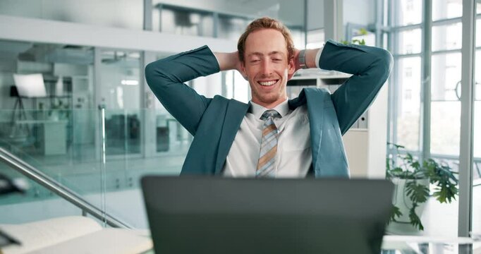 Office, businessman and laptop with happy for stretching, finish work and accountant for corporate. Workplace, male person and auditor with rest after auditing deadline, completed report and smile