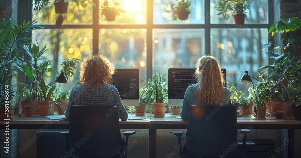 Wall mural asian male and female software developers coding in a modern office environment with computer screen