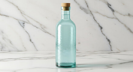 Aqua Glass Bottle: A tall, elegant aqua glass bottle, sealed with a cork stopper, stands gracefully against a neutral background with a blurred aesthetic.