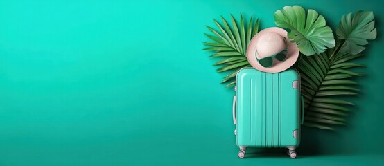 Minimalist Travel Composition with Green Suitcase Sun Hat and Palm Leaves on Cyan Background