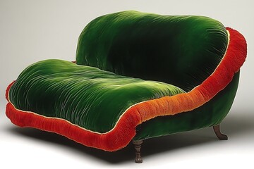 A luxurious green velvet couch with orange trim in studio lighting